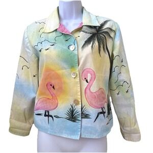 Alex Kin Flamingo Tropical Hand Painted Jacket Petite Sz S Pink Blue Sunset Palm